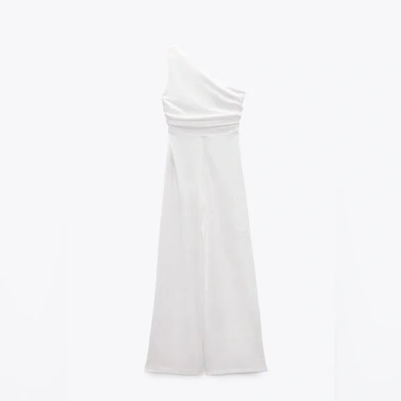 Zara jumpsuit white asymmetric wide leg wedding shower party - Picture 4 of 5